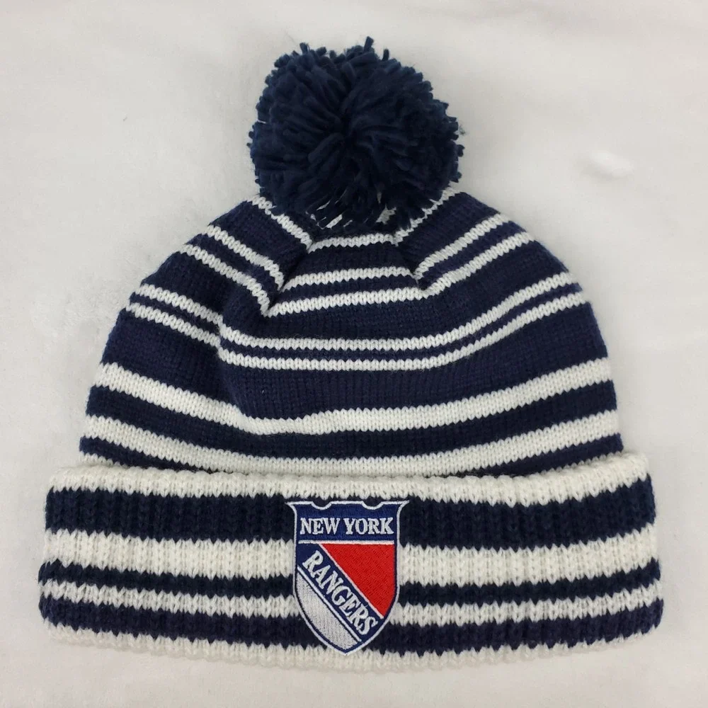 New York Rangers Mitchell & Ness NHL Cuff Knit Beanie Pom Hat Cap Navy White New